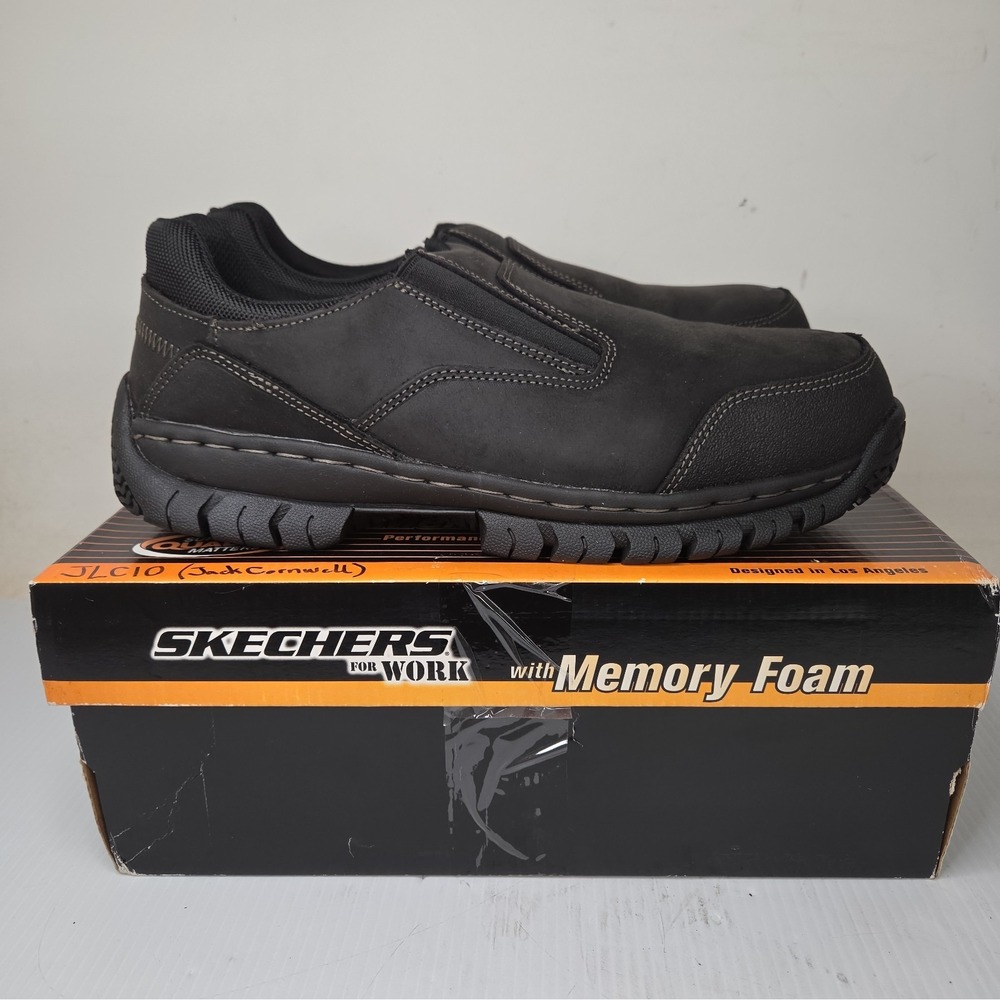 Skechers Work Hartan 77066 Men's Steel Toe Black Leather Safety Shoes Size 12